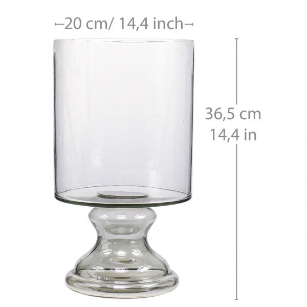 Zylindrische Glasvase auf einem Standfuß mit Maßangaben: Höhe 36,5 Zentimeter und Durchmesser 20 Zentimeter.