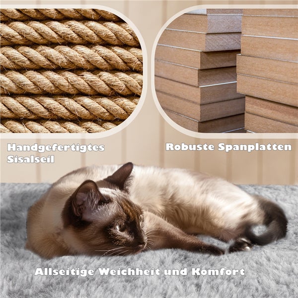 Detailansicht einer Katzenmöbelkonstruktion mit Sisalseil, Spanplatten und Liegefläche sowie einer Katze