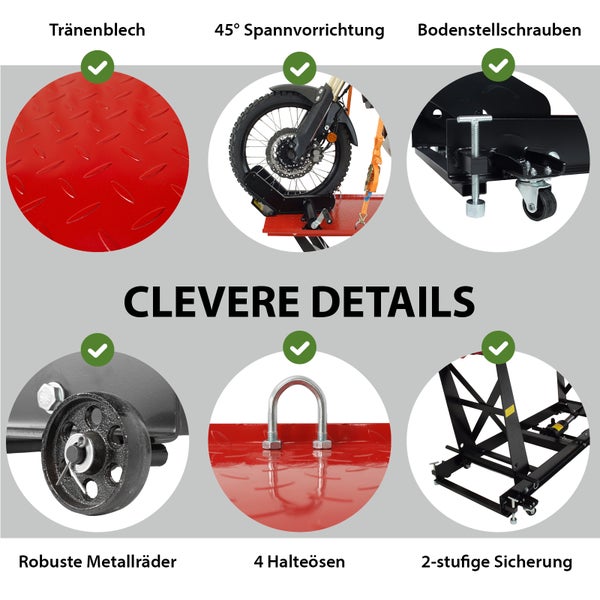 Details einer Motorradhebebühne: Riffelblech, 45 Grad Spannvorrichtung, Bodenstellschrauben, robuste Metallräder, vier Halteösen, zweistufige Sicherung