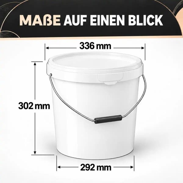 Kunststoffeimer mit Tragebügel und Maßangaben in Millimeter