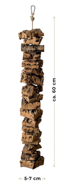 Knabberspielzeug aus Naturkork für Vögel und Nager mit Metallhaken, Länge circa 60 Zentimeter, Breite 5 bis 7 Zentimeter.