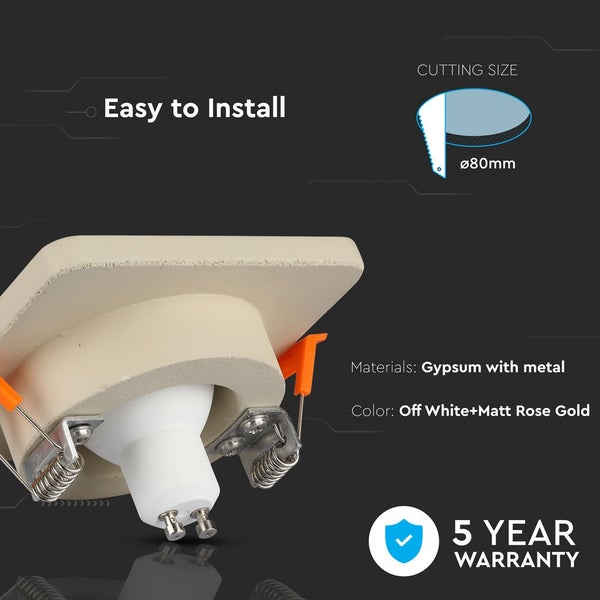 Einbaustrahler aus Gips und Metall mit einem Ausschnittsdurchmesser von 80 Millimeter, einfache Montage und 5 Jahre Garantie.