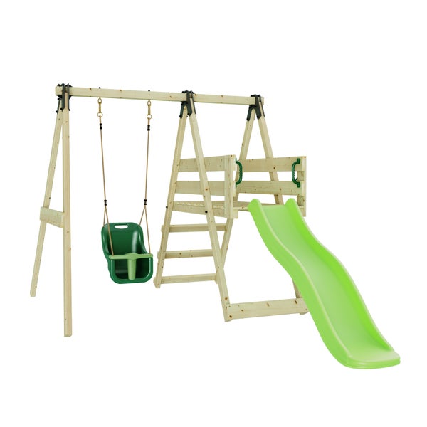 Spielplatz mit Babyschaukel und Rutsche aus Holz