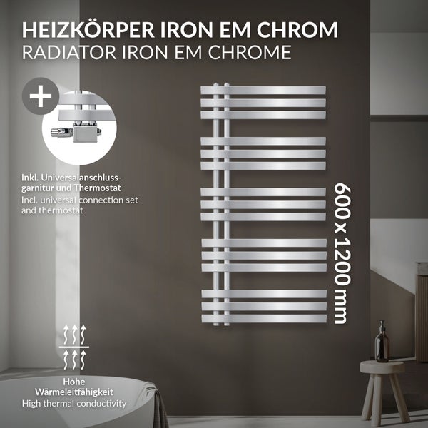 LuxeBath Badheizkörper Iron EM 600x1200 mm Chrom Mittelanschluss Anschlussgarnitur Thermostat Universal Eck- und Durchgangsform, Design Heizkörper Handtuchwärmer Handtuchtrockner Handtuchheizkörper