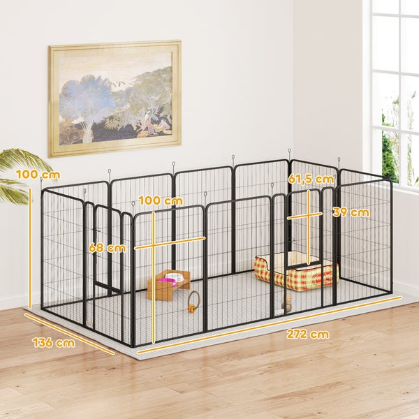 PawHut Welpenlaufstall 12-teilig Welpenauslauf mit 12 Gitterplatten Tür Erdspießen flexibel faltbar Schutzplane Freilaufgehege 100cm hoch Hundelaufstall drinnen draußen Welpengitter für Hund Katze