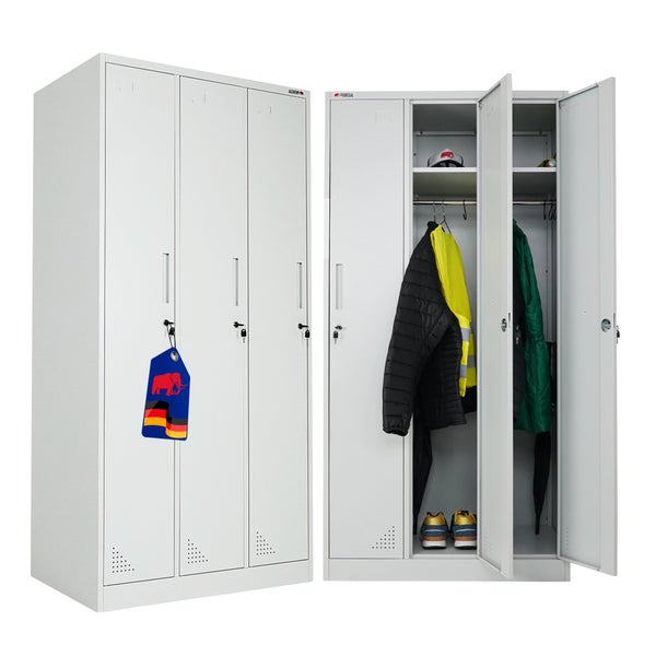Proregal Metall-Garderobenschrank mit drei Türen, geschlossen und offen mit Kleidung und Schuhen. Proregal Logo. Hergestellt in Deutschland.
