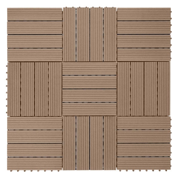 Hellbraune Klickfliese aus Holz-Kunststoff-Verbundwerkstoff für Terrasse und Balkon mit gerippter Oberfläche im Schachbrettmuster.