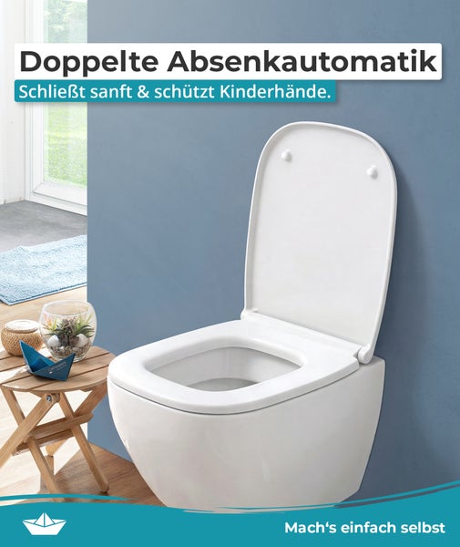 Wandhänge-WC mit WC-Sitz inklusive doppelter Absenkautomatik für sanftes Schließen in einem modernen Badezimmer.