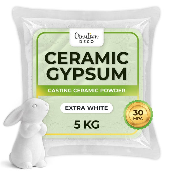 Creative Deco Logo, 5 Kilogramm Keramikgips, extra weißes Gießpulver, Druckfestigkeit 30 Megapascal, mit kleiner Hasenfigur.