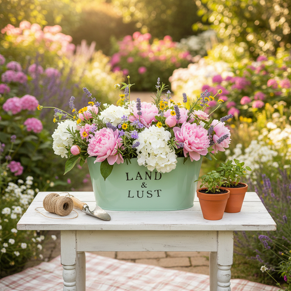 Blumenarrangement mit Pfingstrosen und Hortensien in einer grünen Metallschale auf einem weißen Holztisch im hellen Garten.