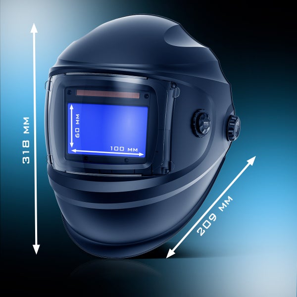 Schweißhelm mit den Maßen 318 mm Höhe und 209 mm Breite, Sichtfeld 60 mm x 100 mm
