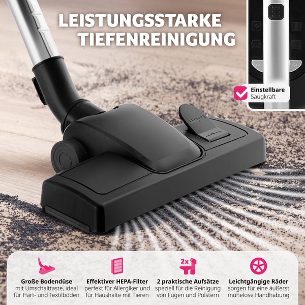 Staubsauger tectake VC900 43 x 27 x 88 - 117 cm 900 W, beutellos schwarz/grau