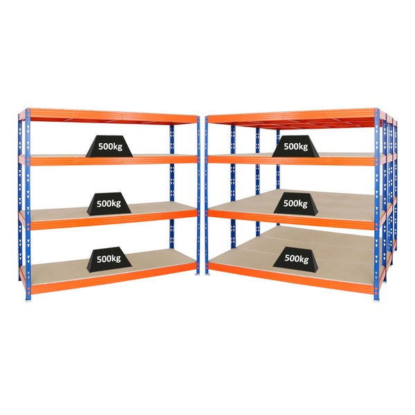 PROREGAL Mega Deal 4x Profi Schwerlastregal Rhino HxBxT 180 x 200 x 60 cm 4 Spanplatten-Ebenen 16mm Fachlast 500 kg Blau-Orange