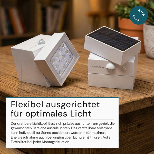 Weiße Luxula LED-Solar-Außenleuchte mit drehbarem Lichtkopf, verstellbarem Solarpanel und Bewegungsmelder. Luxula Logo. Symbol für flexible Ausrichtung.