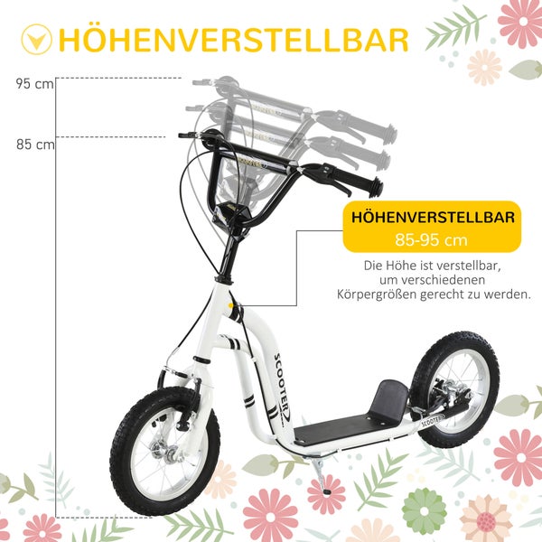 HOMCOM Kinderroller, 120L x 58B x 85-95H cm, Stahl, Aluminium, Gummi, Weiß