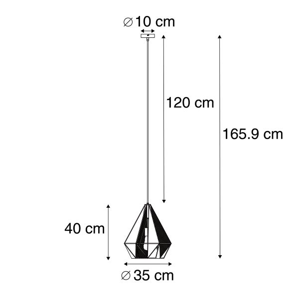 Abmessungen der Pendelleuchte: 165,9 cm Höhe, 35 cm Durchmesser, Lampenschirm 40 cm Höhe.