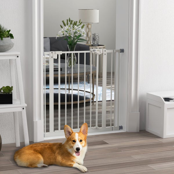 PawHut Türschutzgitter Hunde, Absperrgitter, 74-87 cm, Treppenschutzgitter für Haustier, Hundegitter inkl. verschiedene Verlängerungen, Schutzgitter ohne Bohren, Metall, Kunststoff, Weiß