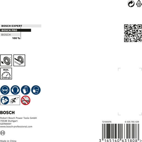Bosch Experte, Bosch Pro und Bosch Logo mit zugehörigen Produktinformationen und Sicherheitssymbolen