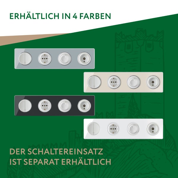 Vier verschiedene Rahmen für Schalterprogramme mit Steckdose und Schaltereinsatz, der Schaltereinsatz ist separat erhältlich.