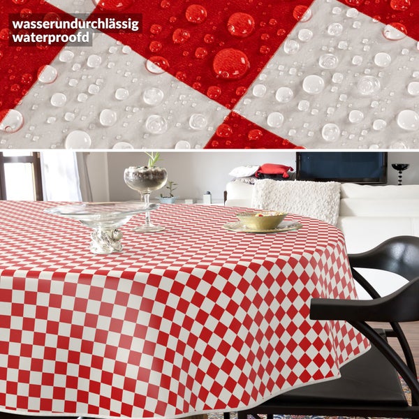 Wasserabweisende Tischdecke mit rot-weißem Karomuster auf einem Esstisch