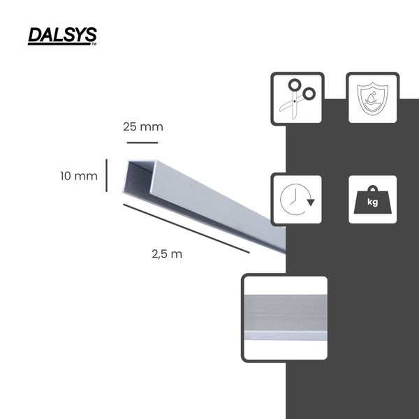 Dalsys Logo. U-Profil, 25 mal 10 Millimeter, 2,5 Meter Länge. Icons für zuschneidbar, wasserfest, belastbar und einfache Montage.