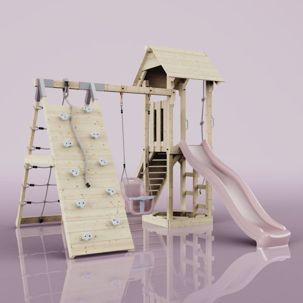 Spielplatz mit Rutsche, Schaukel und Kletterwand aus Holz