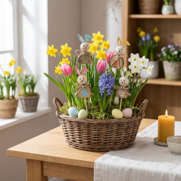 Ostergesteck im Weidenkorb mit Frühlingsblumen, Holzhasen und Eiern als Tischdekoration.