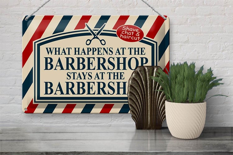 Blechschild Spruch 30x20cm what happens at the Barbershop