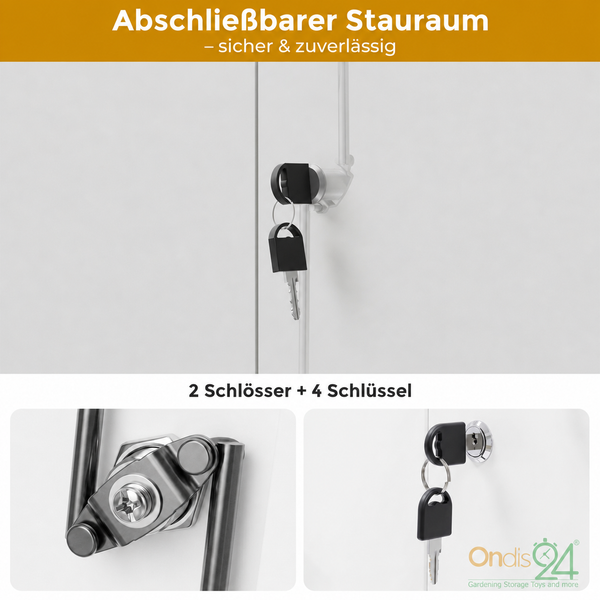Detailansicht eines Schrankschlosses mit Schlüssel und internem Schließmechanismus. Inklusive zwei Schlösser und vier Schlüssel. Ondis24 Logo.