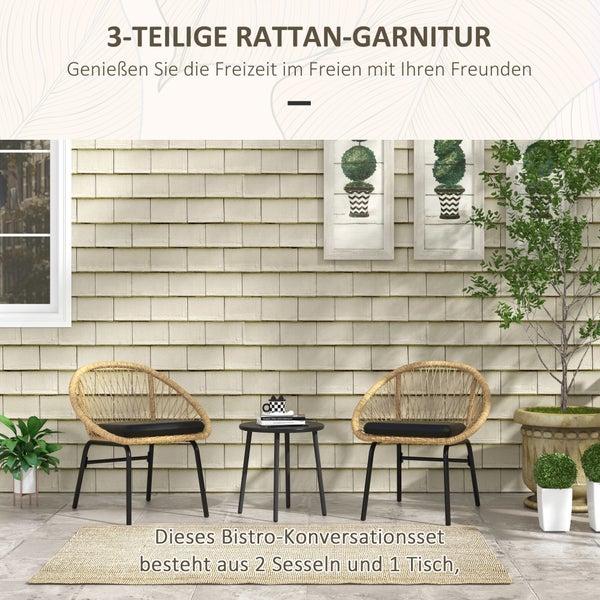 Outsunny 3-tlg. Rattan Gartenmöbel-Set, Balkonmöbel-Set mit Couchtisch, 2 Stühlen, Sitzgarnitur mit Kissen, Gartensitzgruppe für Balkon, Terrasse, Polyester, Gelb