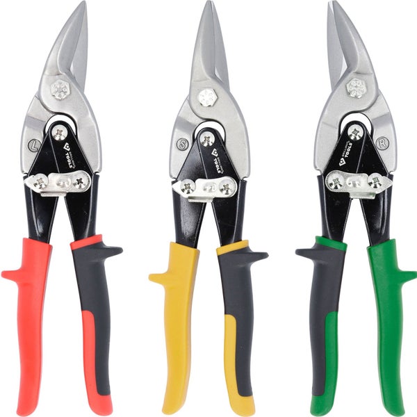 Dreiteiliges Blechscheren-Set von Brilliant Tools für linke, gerade und rechte Schnitte mit farbig markierten Griffen.