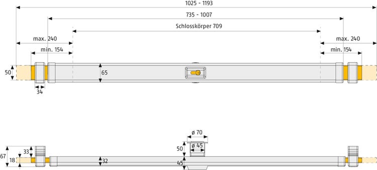 Maßzeichnung für einen Panzerriegel mit Abmessungen in Millimeter für die Breite, Höhe und den Schlosskörper.
