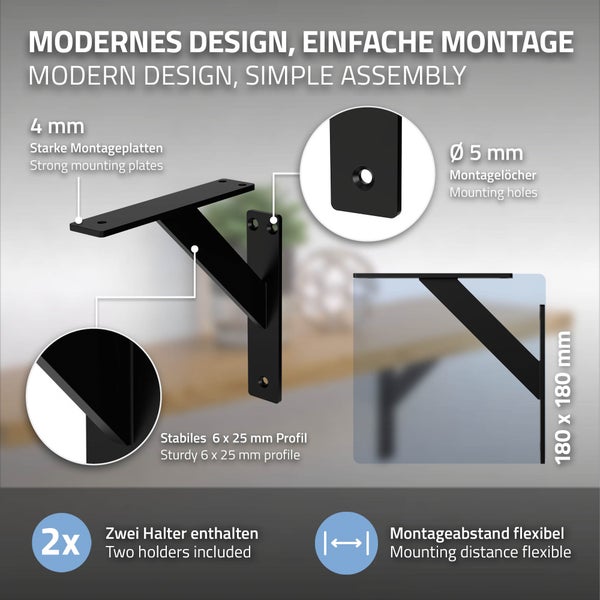 ML-Design 2 Stück Regalhalterung 180x180 mm, Schwarz, Aluminium, Schwebende Regalhalterungen, Regalwinkel, Wandhalterung für Regalbrett, Regalträger für Wandmontage, Wandregal Wandkonsole Regalstütze