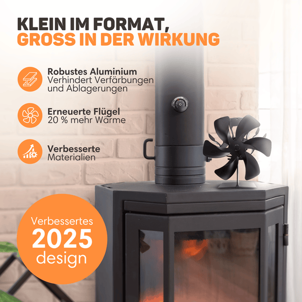 Vulpes Goods Kaminventilator - Leiser Kamin Ventilator -  Ofenventilator ohne strom mit Thermometer - 6 Blätter - Schwarz