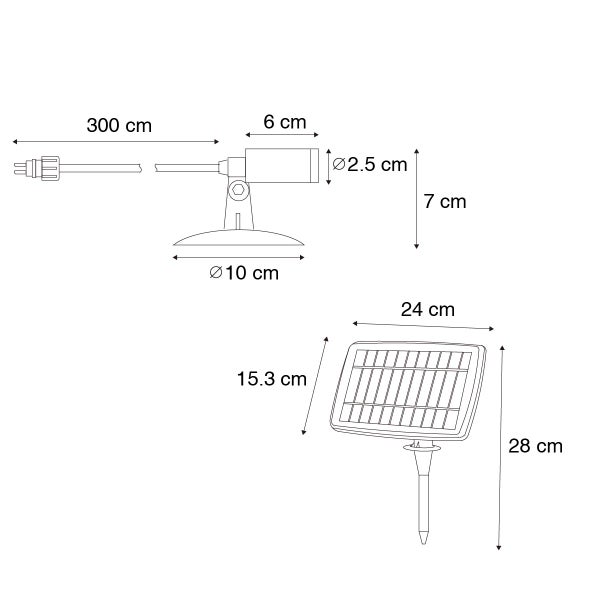 Technische Zeichnung eines Solarstrahlers: Strahler 6 Zentimeter lang, 7 Zentimeter hoch, 300 Zentimeter Kabel. Solarpanel 24 mal 15,3 Zentimeter.