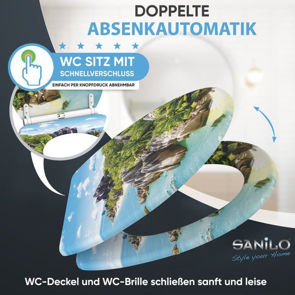 Toilettensitz mit Absenkautomatik und Schnellverschluss Sanilo mit tropischem Strandmotiv und Sanilo Logo.