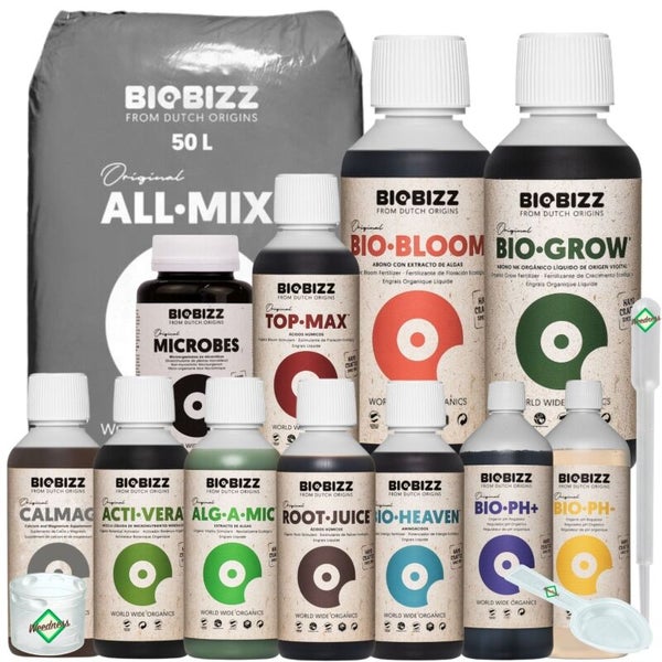 Biobizz Set mit 50 Liter All-Mix Erde, verschiedenen Pflanzendüngern wie Bio-Grow und Bio-Bloom sowie Messzubehör.