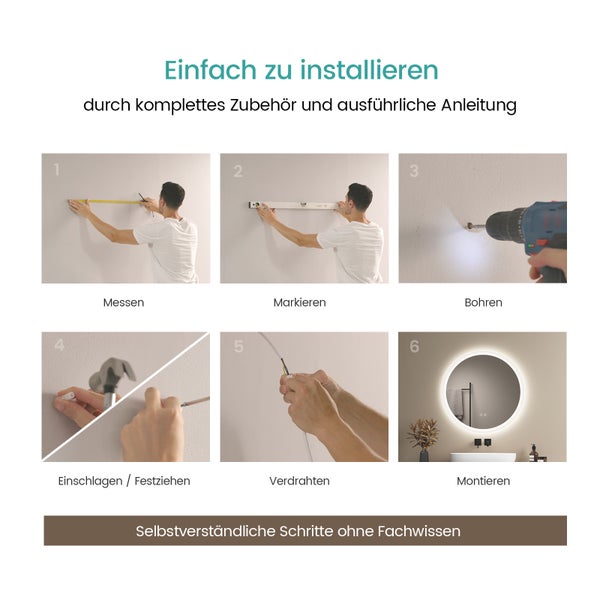 EMKE Badspiegel mit Beleuchtung Ø50 cm, rund, LED Wandspiegel, Touch-Schalter, dimmbar, Anti-Beschlag, 4 mm Glas, Memory, satiniert, rostfrei, für Badezimmer