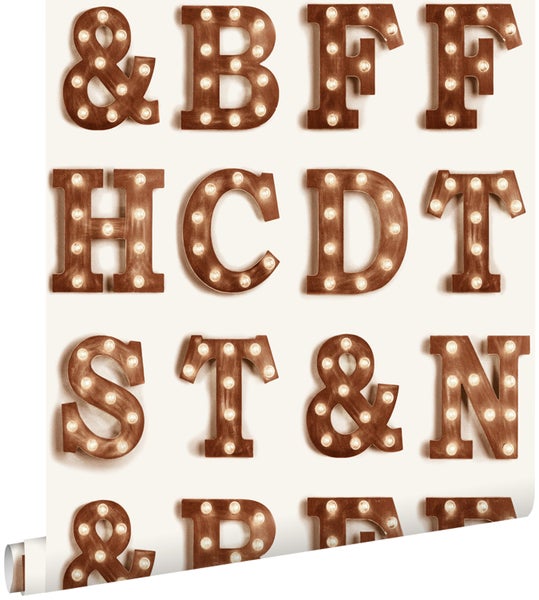 Tapete mit Buchstaben und Zeichen im Glühbirnenstil