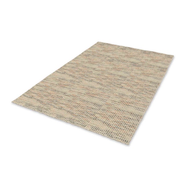 Rechteckiger Webteppich mit feiner Noppenstruktur und dezentem Streifenmuster.