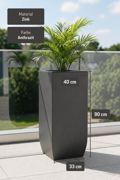 Hoher rechteckiger Pflanzkübel aus Zink in Anthrazit, Höhe 90 Zentimeter, Breite 40 Zentimeter, Tiefe 33 Zentimeter.