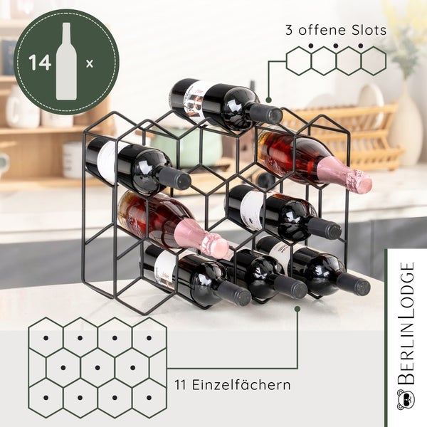 Weinregal aus Metall in Wabenform für 14 Flaschen, mit 11 Einzelfächern und 3 offenen Ablageplätzen oben, BerlinLodge Logo.