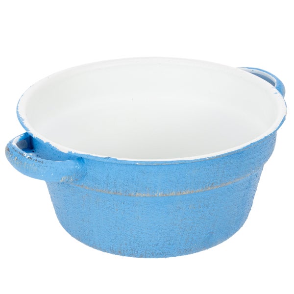 Rustikaler blauer Pflanztopf mit zwei Henkeln, weißer Innenseite und strukturierter Oberfläche.
