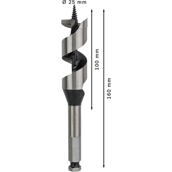 Schlangenbohrer mit einem Durchmesser von 25 Millimeter und einer Länge von 160 Millimeter.