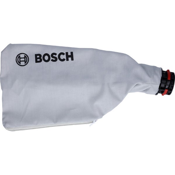 Bosch Staubsack aus grauem Stoff mit Reißverschluss und Anschlussadapter für Elektrowerkzeuge.