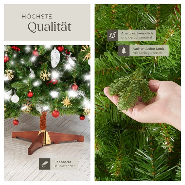 Detailansicht eines geschmückten Weihnachtsbaums mit klappbarem Baumständer, inklusive Hinweis auf höchste Qualität, Spritzgussnadeln und antiallergische Eigenschaften.