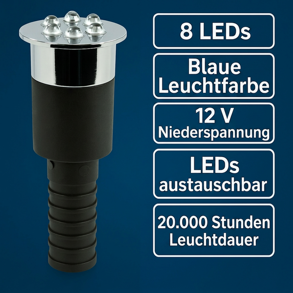 LED Einbaustrahler mit 8 blauen LEDs, 12 Volt Niederspannung, austauschbaren Leuchtmitteln und 20.000 Stunden Leuchtdauer.