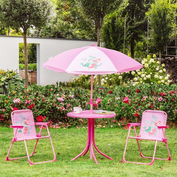 Outsunny 4tlg. Kindersitzgruppe, Gartentisch mit 2 Klappstühle, für 3-6 Jahre, Ø49,5 x 50H cm, Metall, Polyester, Rosa