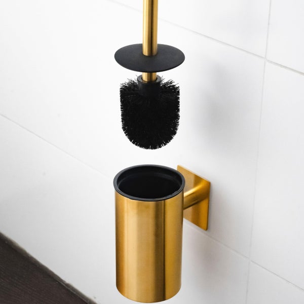Wandmontierte Toilettenbürstengarnitur aus Metall mit Halterung und Bürste zur Wandbefestigung im Badezimmer.