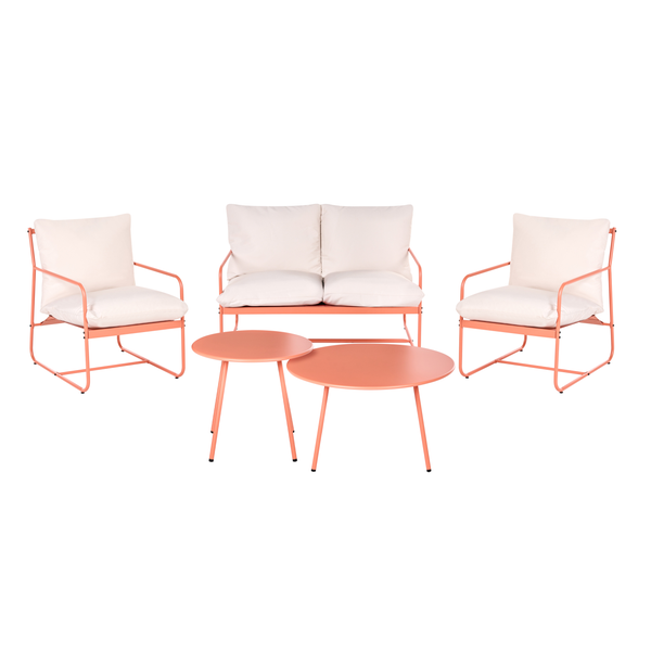 Lounge-Set für Garten oder Terrasse bestehend aus Zweisitzer-Sofa, zwei Sesseln und zwei runden Tischen. Metallgestell mit Stoffpolstern.